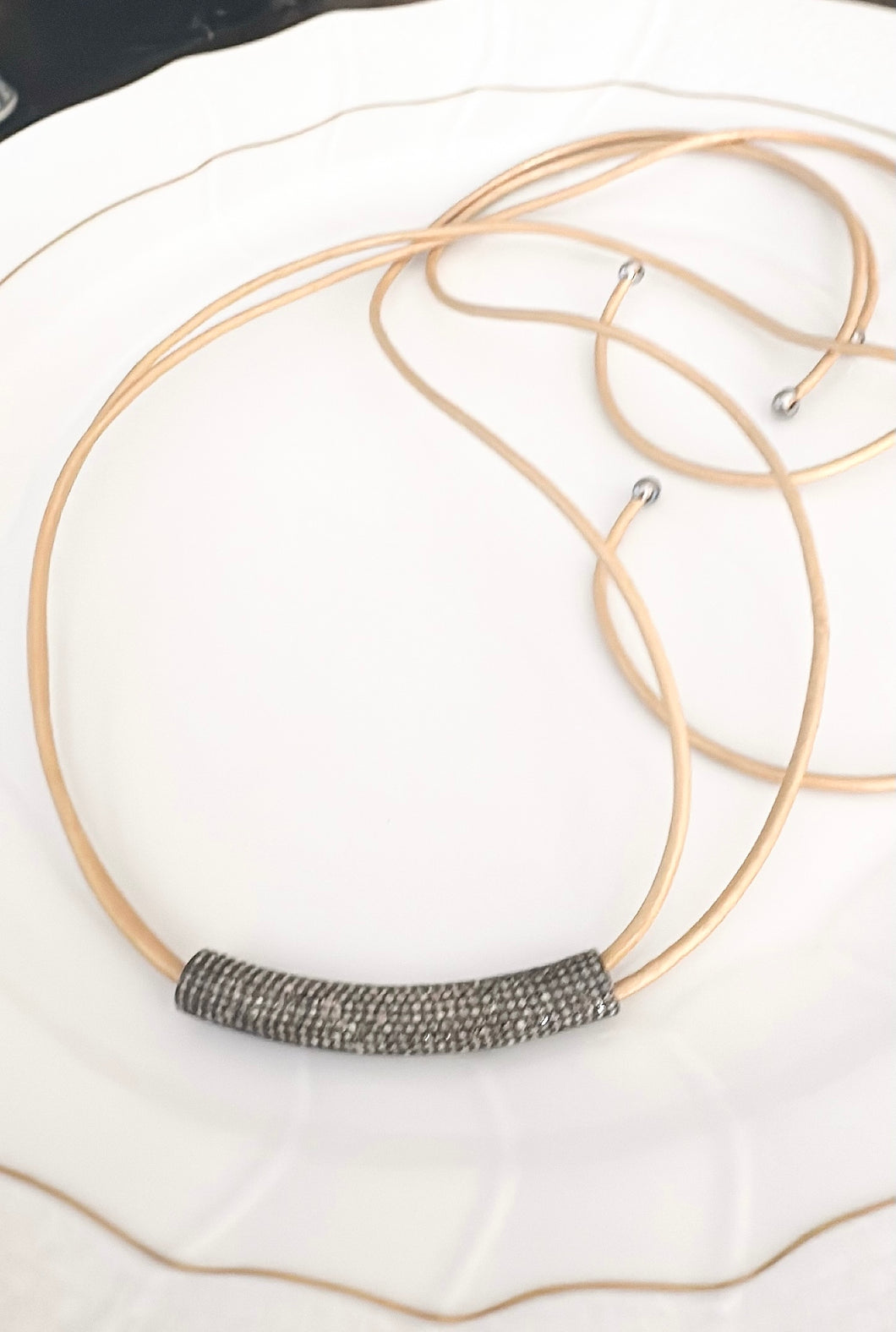 Pave Diamond Bar and Leather Necklace