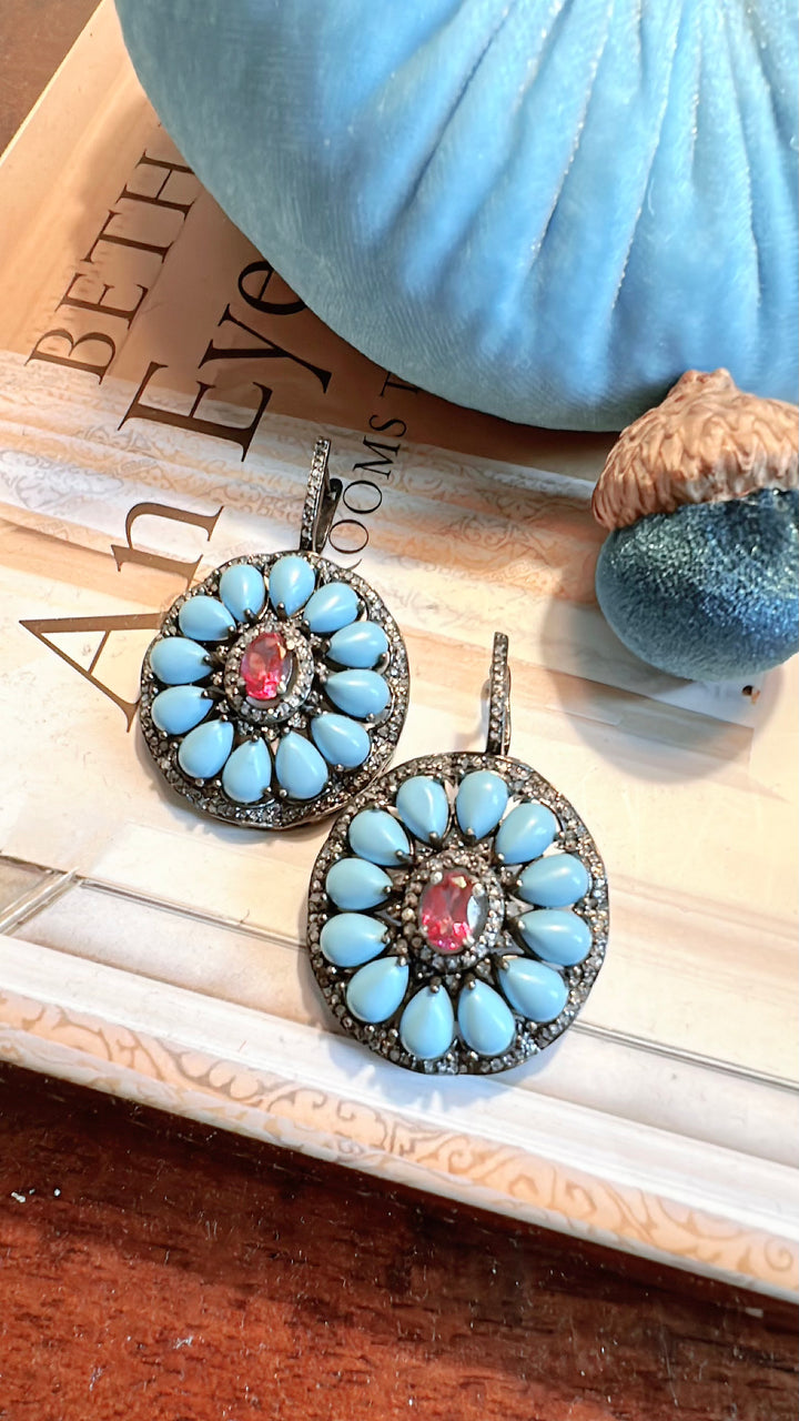 Pave Diamond Turquoise and Pink Topaz Earrings