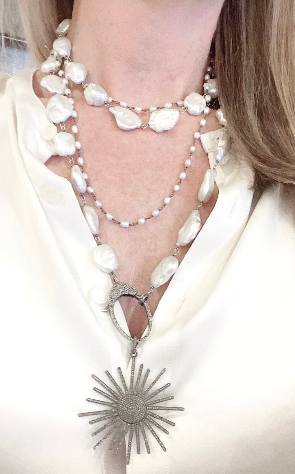 AA+ Freshwater Pearls with Pave Diamond Lock Necklace