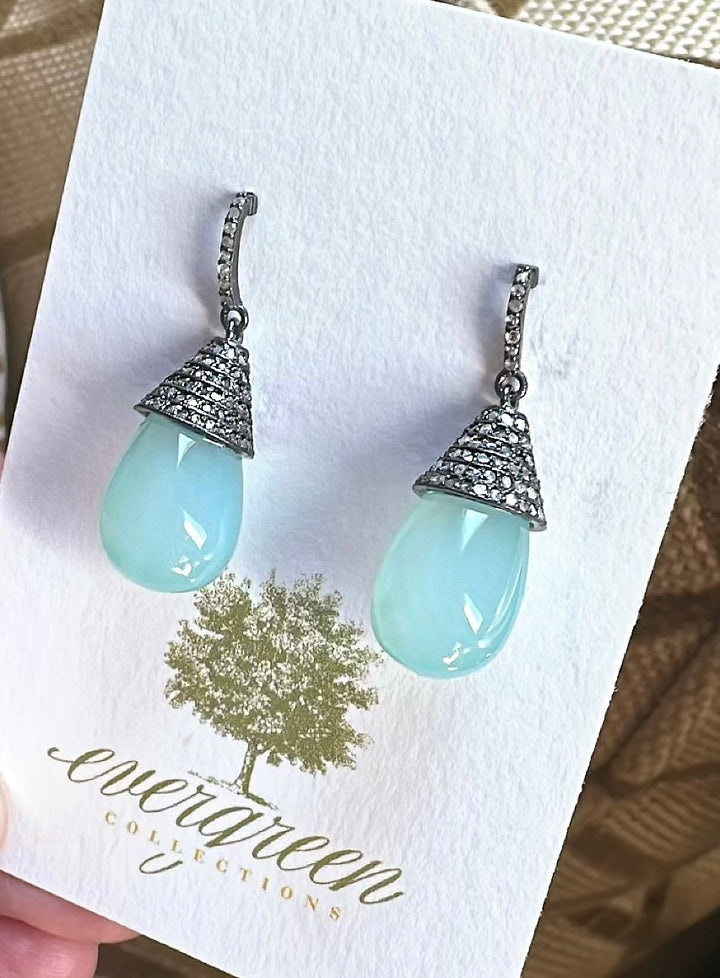Pave Diamond Aqua Quartz Drop Earrings