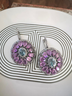 Pave Diamond Amethyst and Blue Topaz Earrings