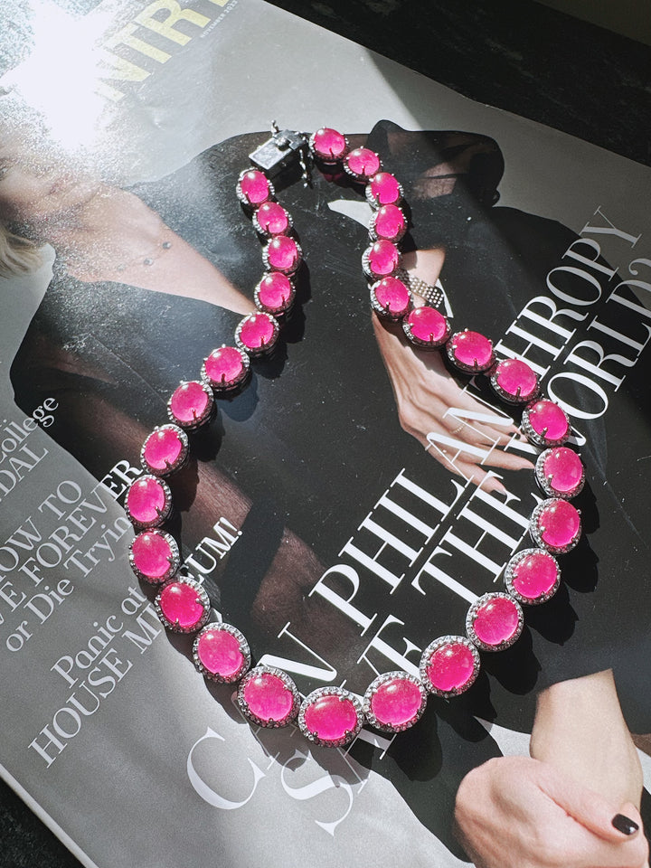 Pave Diamond and Pink Topaz Necklace
