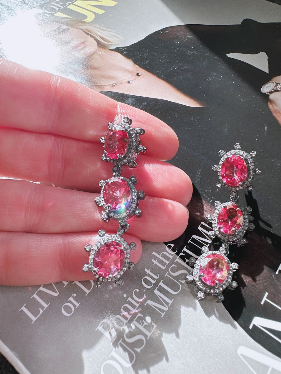 Pave Diamond Pink Topaz Earrings
