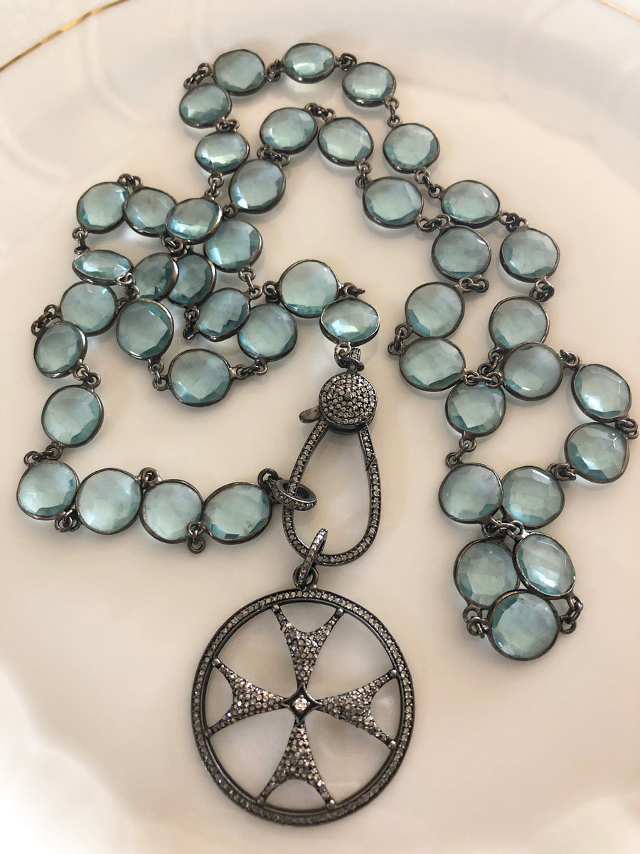 Ocean Blue Chalcedony Necklace with Pave Diamond Clasp