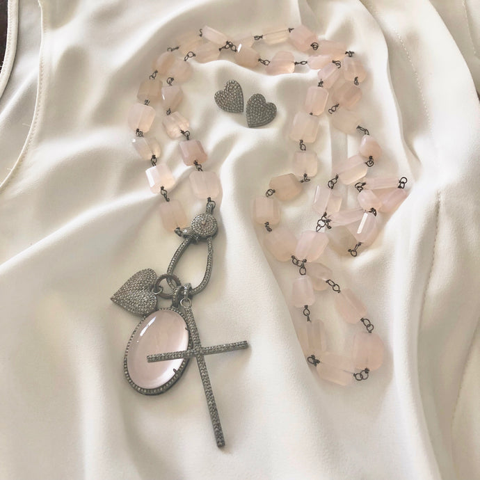 Pink Chalcedony Necklace with Pave Diamond Clasp