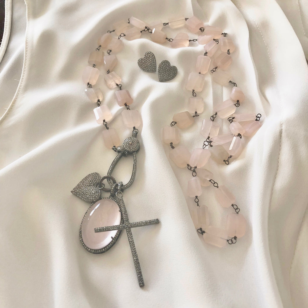 Pink Chalcedony Necklace with Pave Diamond Clasp