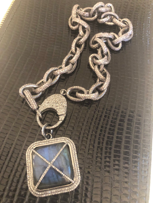 Pave Diamond X Labradorite Pendant