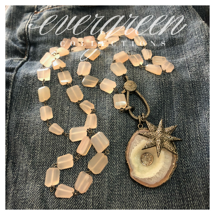 Pink Chalcedony Necklace with Pave Diamond Clasp