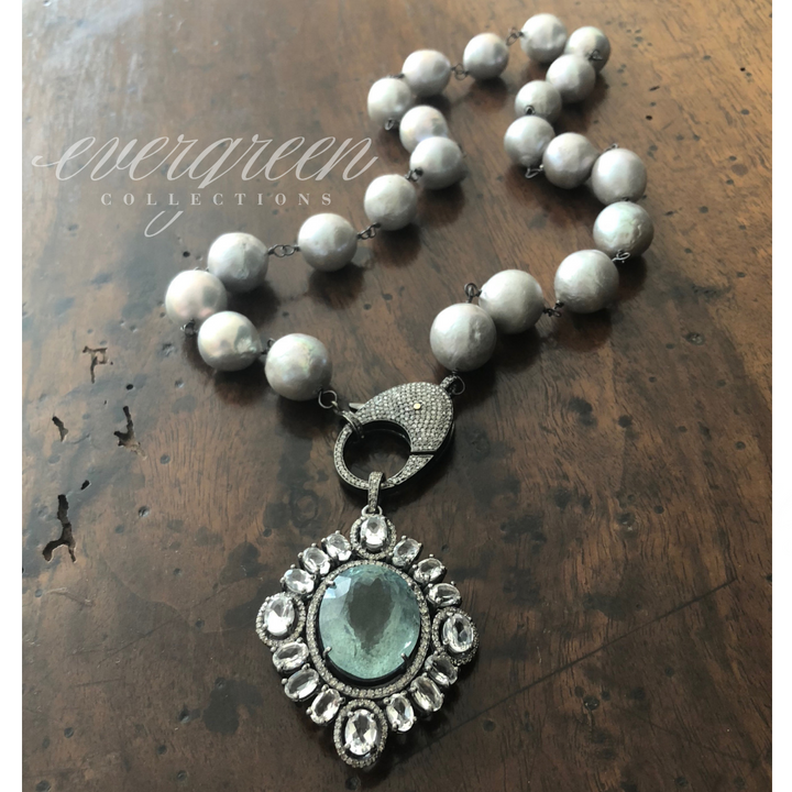 Pave Diamond Aquamarine and Quartz Pendant