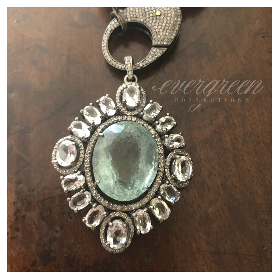 Pave Diamond Aquamarine and Quartz Pendant