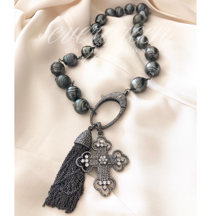 Tahitian Pearl Necklace with Pave Diamond Clasp