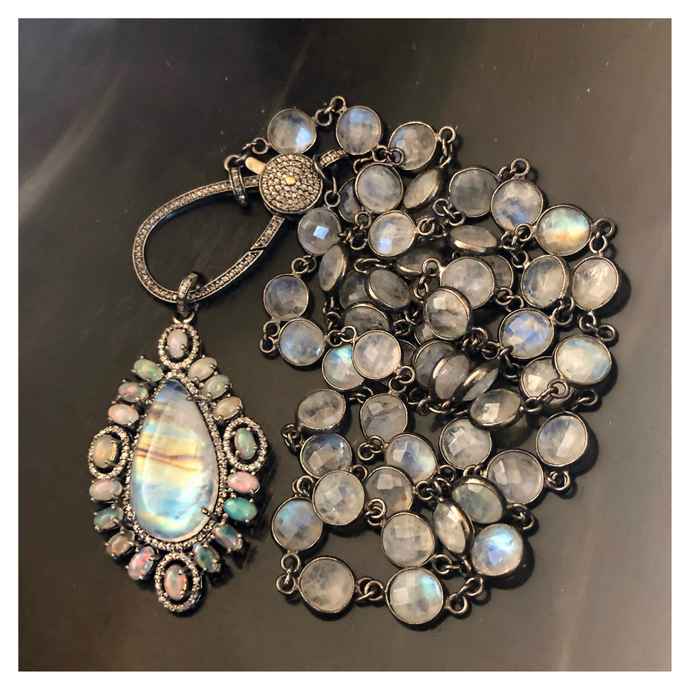 Pave Diamond Moonstone and Opal Pendant