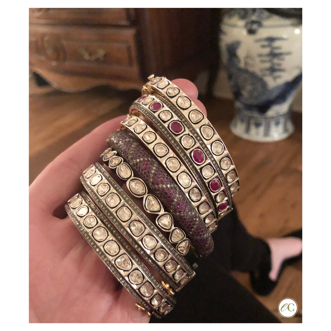 Rose Cut and Pave Diamond Bracelet with Rubies