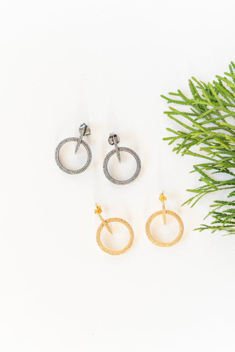 Pave Diamond Circle Drop Earrings