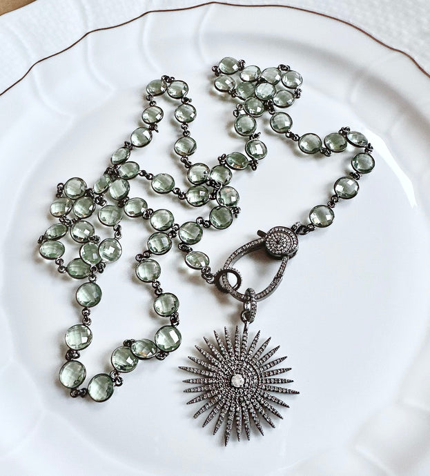 Green Amethyst Necklace with Pave Diamond Lock