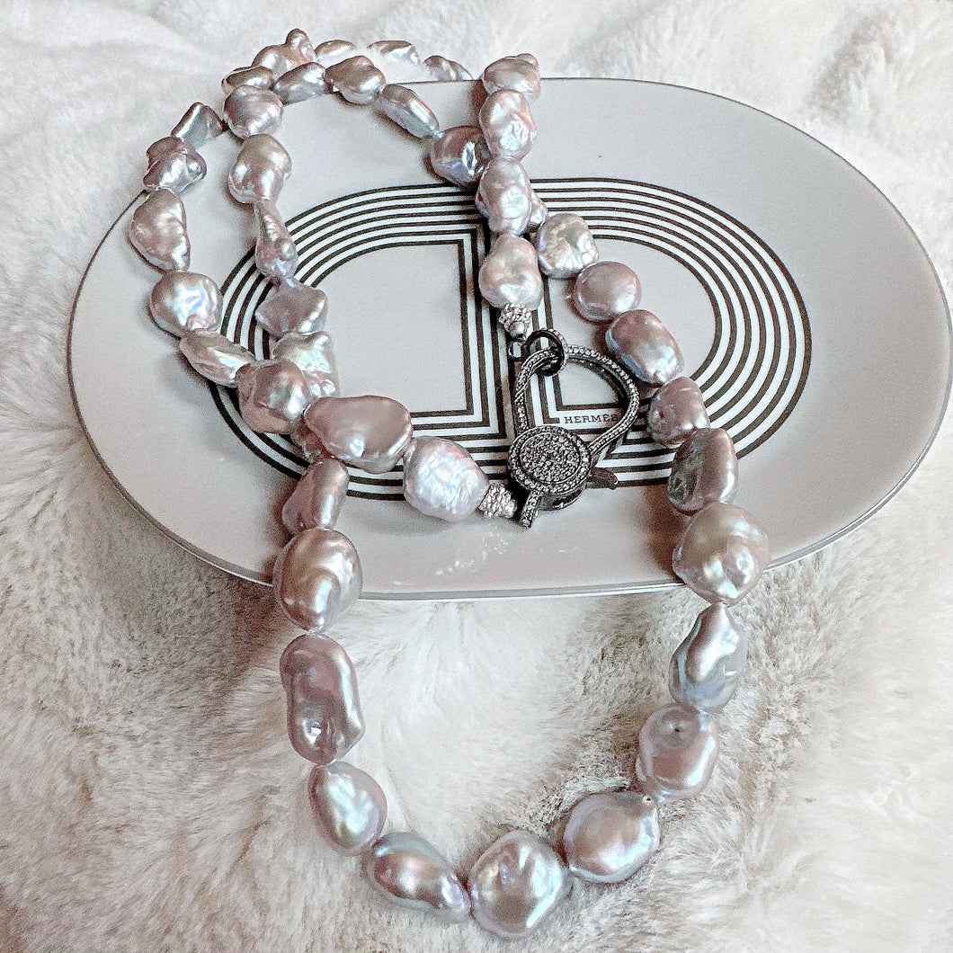 AA+ Freshwater Pearls with Pave Diamond Lock Necklace
