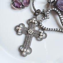 Load image into Gallery viewer, Pave Diamond and Pearl Cross Pendant