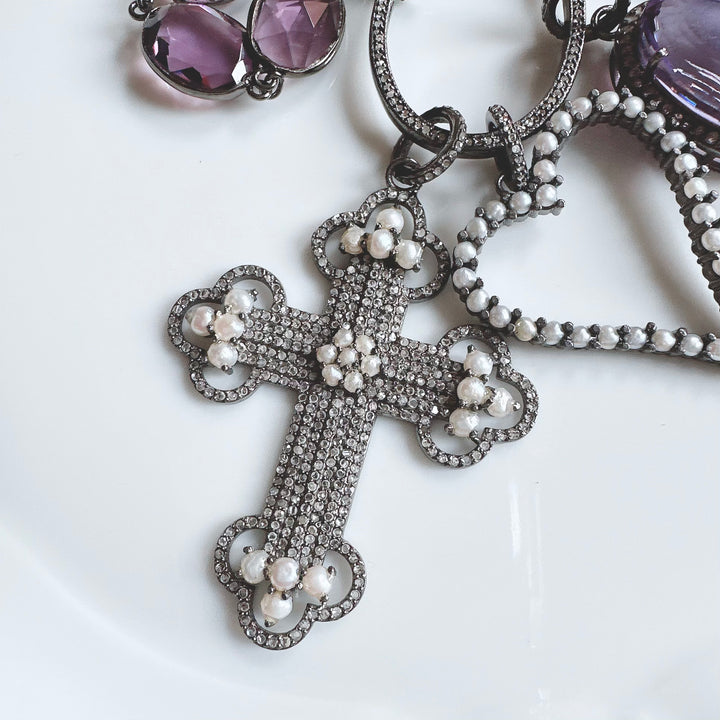 Pave Diamond and Pearl Cross Pendant